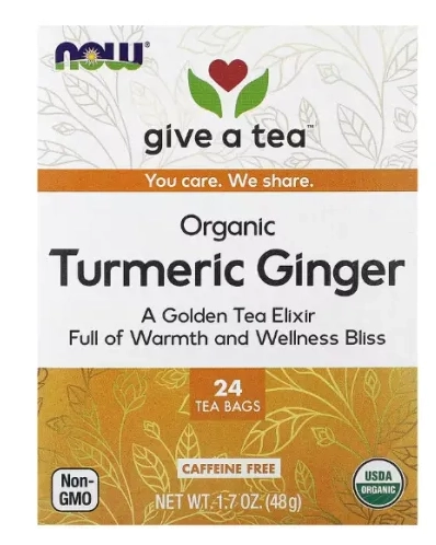 Chá Cúrcuma e gengibre orgânicos, sem cafeína, 24 saquinhos de chá, Now