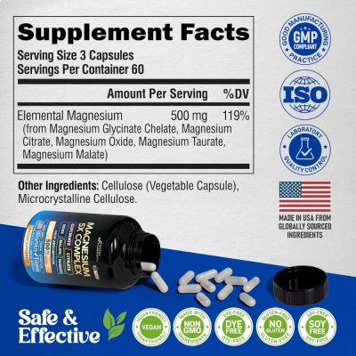 Magnésio, Complexo 5 em 1 (Glicinato, Citrato, Malato, Taurato, Óxido), 500mg, 180 Cápsulas, Nutra Harmony