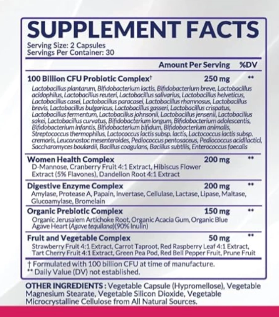 Probióticos Crus para Mulheres,  100 Bilhões de CFUs, Prebióticos e Enzimas Digestivas, 60 Cápsulas, Wholesome Wellness