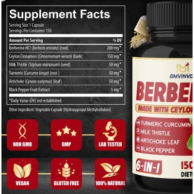 Berberina com Canela do Ceilão, Cúrcuma, Alcachofra e Pimenta, 150 Cápsulas, BMVINVOL 