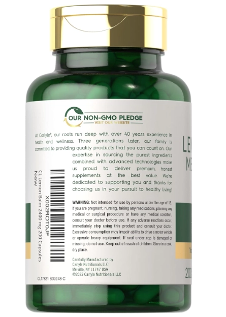 Lemon Balm Melissa Leaf, Folha de Melissa com Erva Cidreira 2400mg, 200 Cápsulas, Carlyle