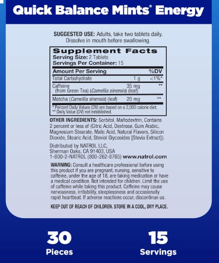 Quick Balance Mints, Suplemento Energético, 30 balas com chá Verde limão, Natrol