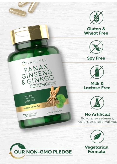 Panax Ginseng e Ginkgo 5000mg, 120 Cápsulas, Carlyle 