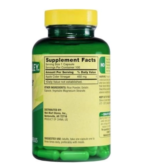 Apple Cider Vinegar, Vinagre De Maçã 450mg, 100 Cápsulas, Spring Valley