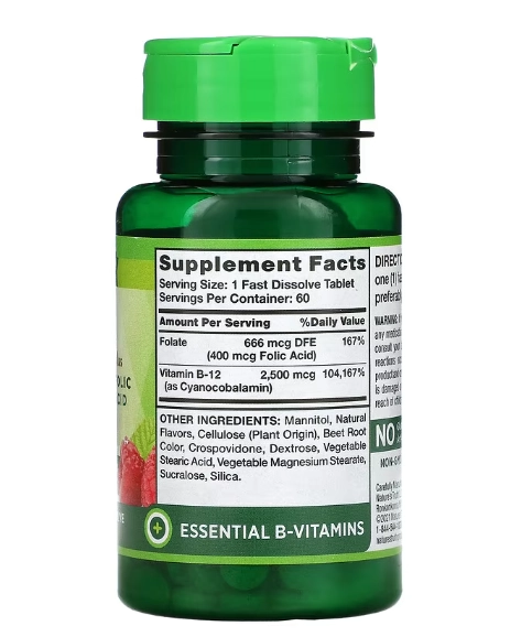 Vitamina B-12 + Ácido Fólico, 2500mcg, 60 Comprimidos Sabor Baga Natural, Nature's Truth
