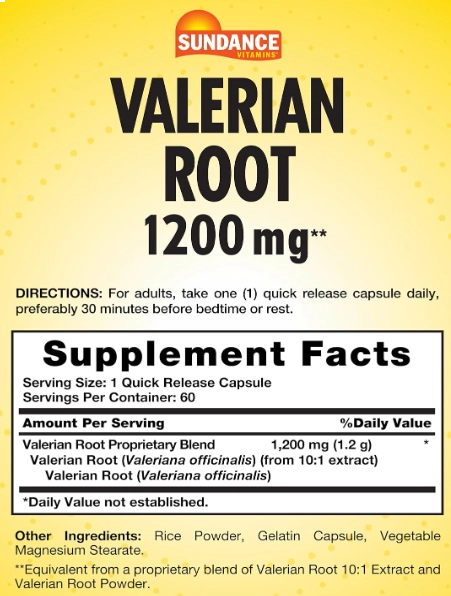 Valerian Root 1200mg, 60 cápsulas, Sundance