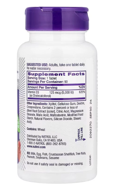Vitamina D3 5000UI, 90 Comprimidos Sabor Morango, Natrol
