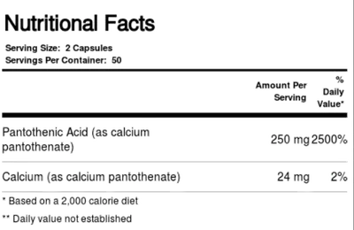 Ácido Pantotênico 250mg,100 Cápsulas, Solaray