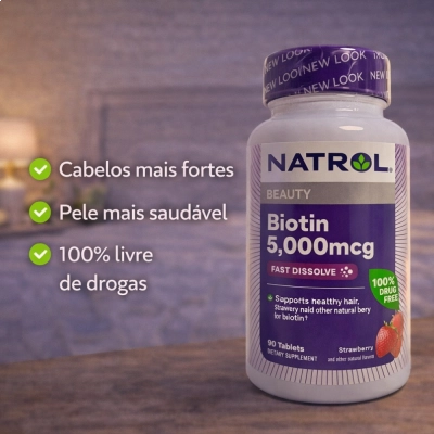 Biotina, Força Extra, 5000mcg, 90 Comprimidos Sabor Morango, Natrol