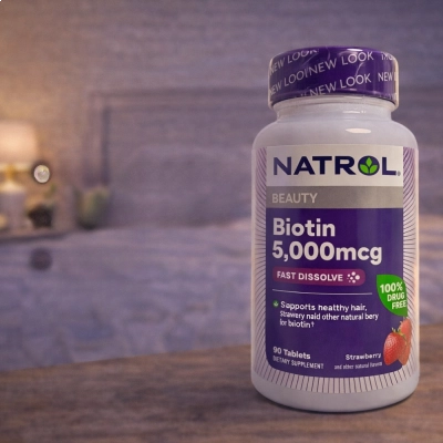 Biotina, Força Extra, 5000mcg, 90 Comprimidos Sabor Morango, Natrol
