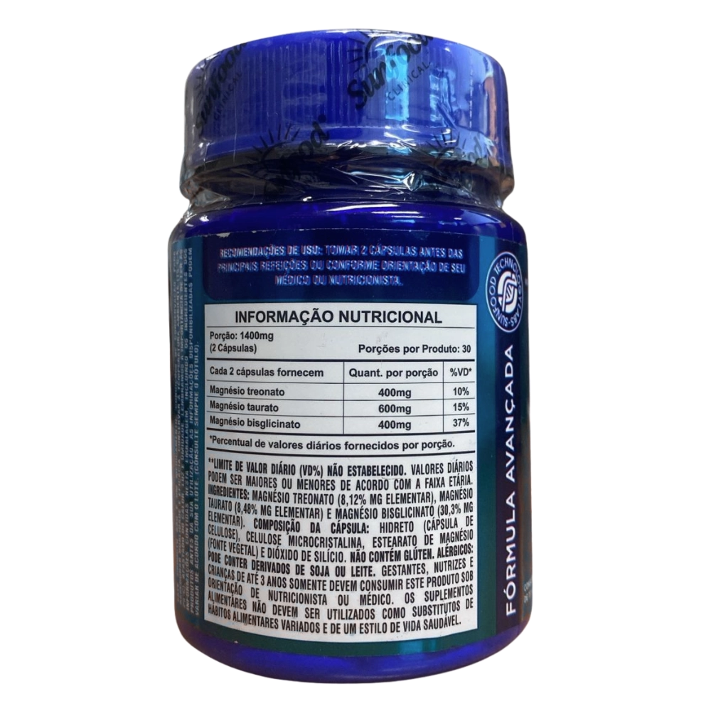 Brainmag, Magnésio Treonato + Taurato e Bisglicinato, 1400mg, 60 Cápsulas - Sunfood
