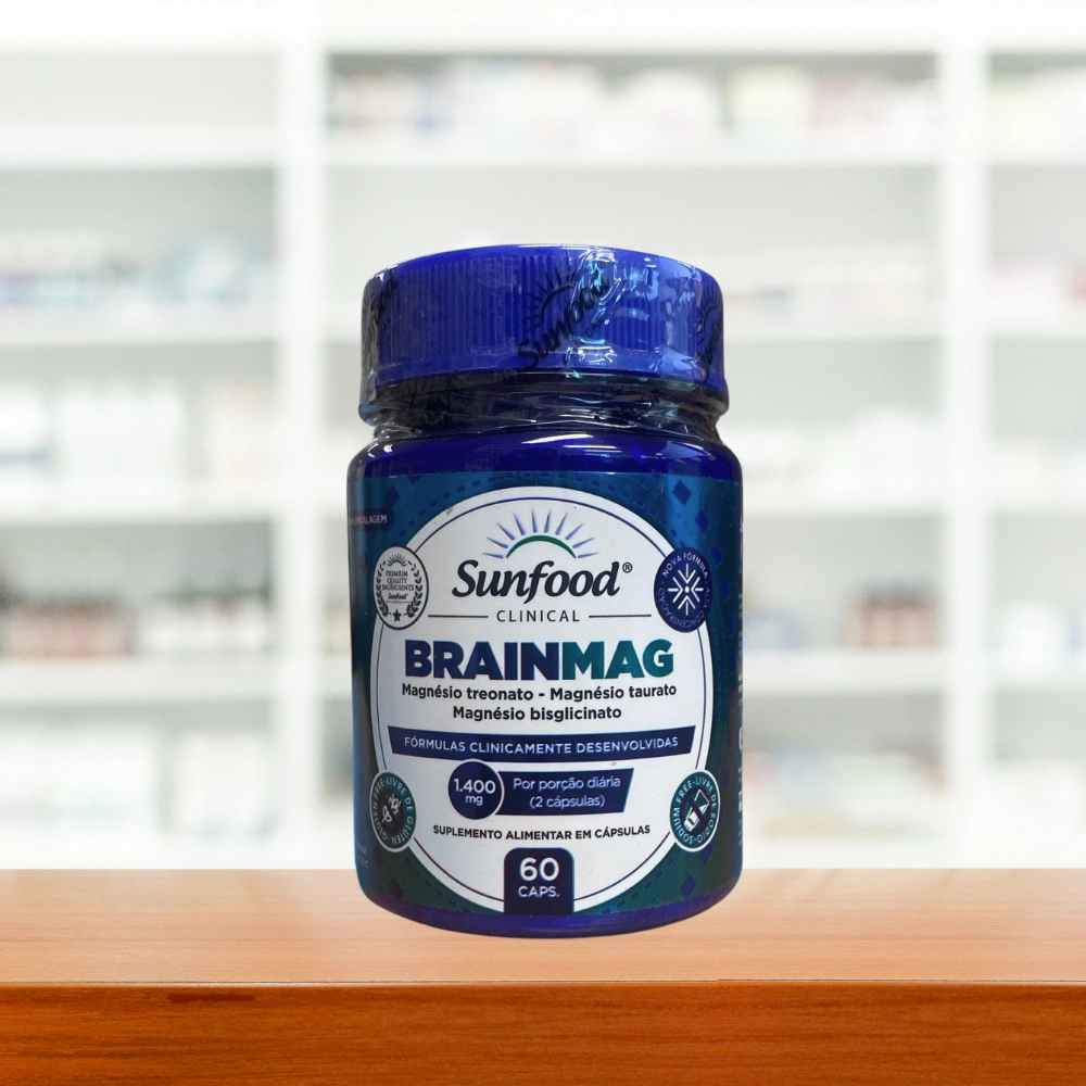 Brainmag, Magnésio Treonato + Taurato e Bisglicinato, 1400mg, 60 Cápsulas - Sunfood