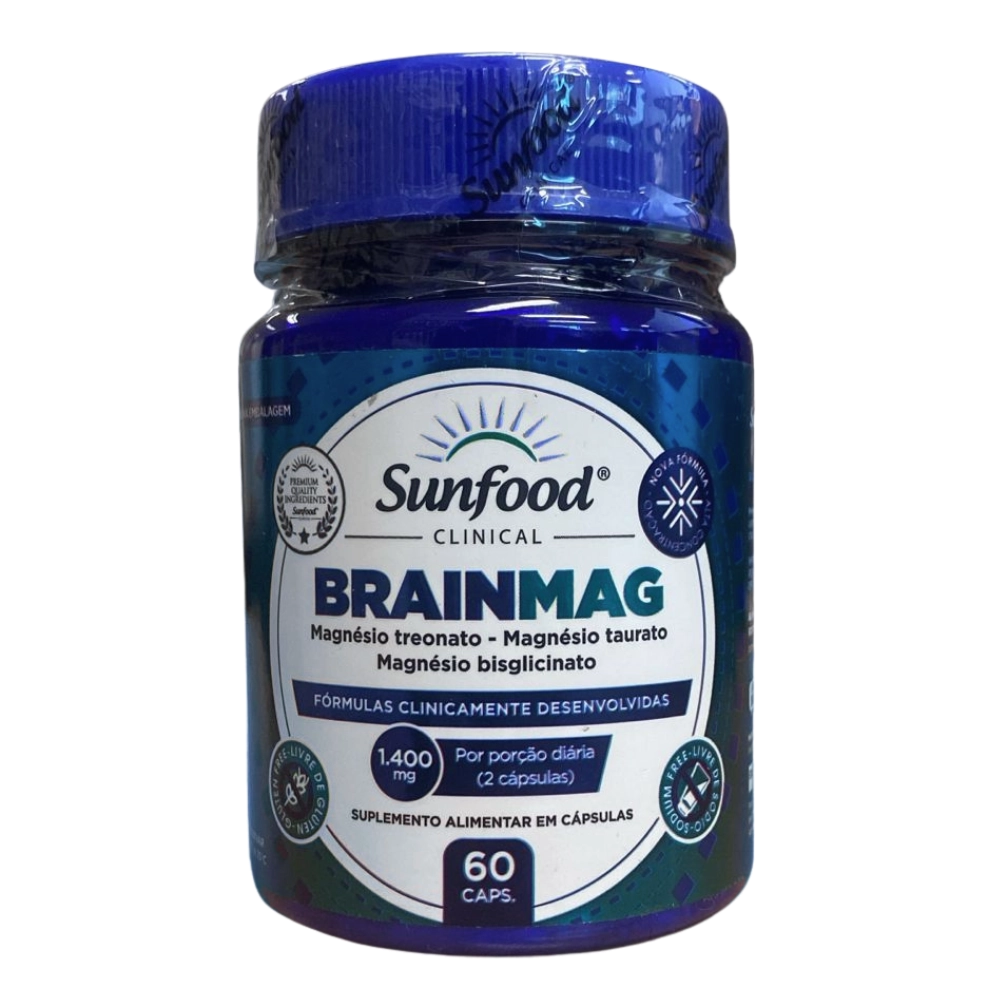 Brainmag, Magnésio Treonato + Taurato e Bisglicinato, 1400mg, 60 Cápsulas - Sunfood