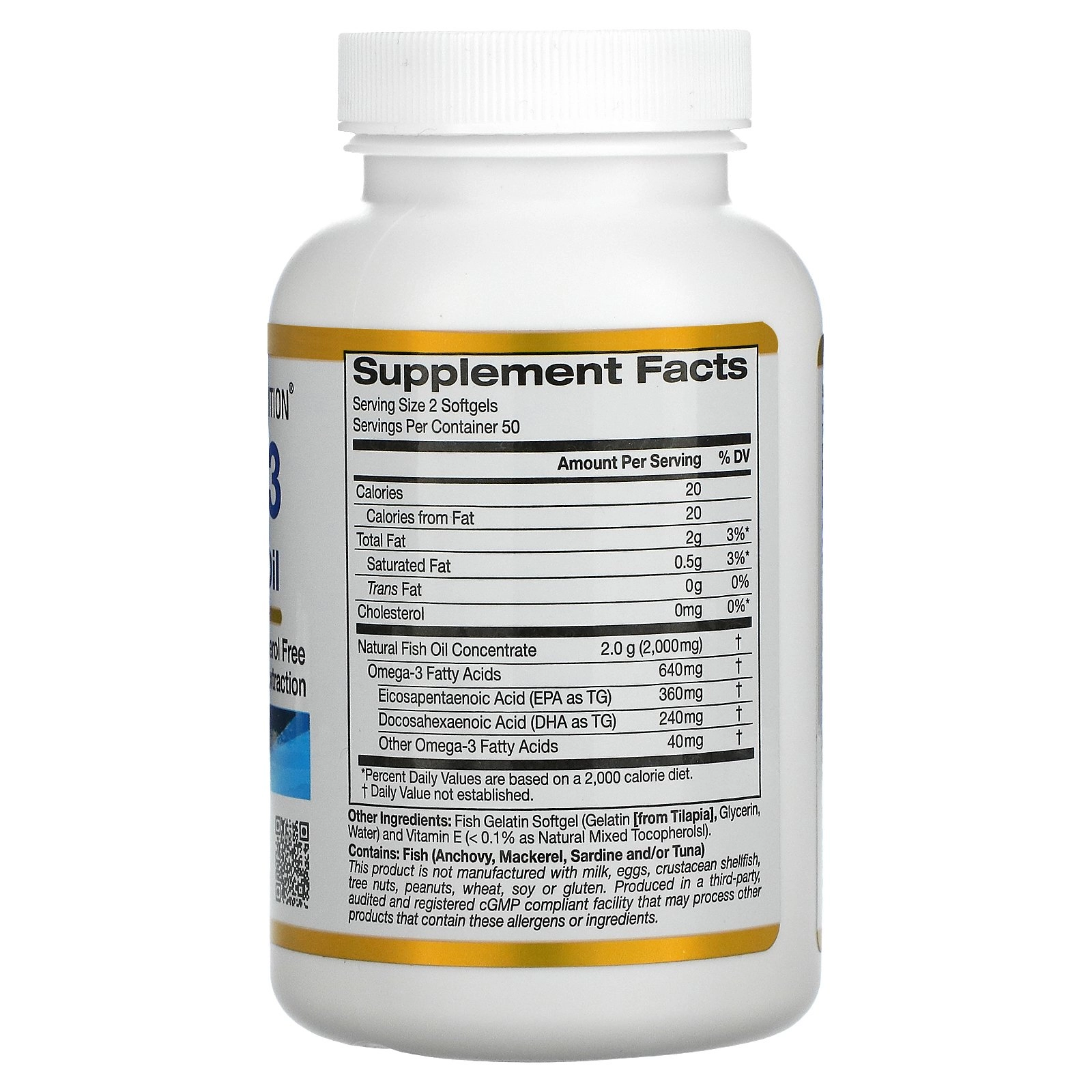 Omega-3 640mg Premium 180 EPA / 120 DHA, 100 cápsulas, California Gold Nutrition