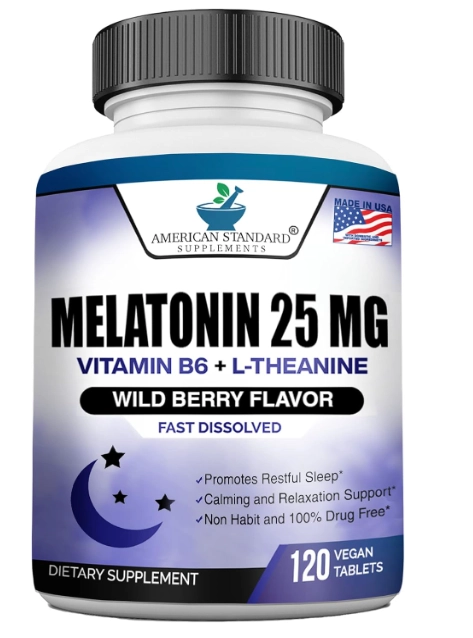 Melatonina 25mg, Com L-teanina e Vitamina B-6, 120 Comprimidos Mastigáveis,  American Standard