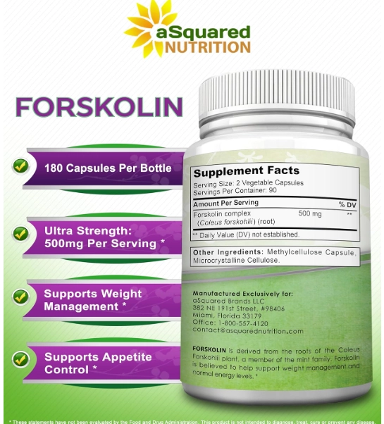 Forskolin 500mg Max Strength, Auxilio na Perda de Peso, 180 Capsulas, aSquared Nutrition