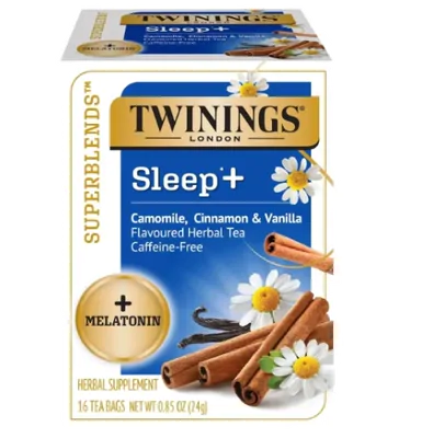 Chá Superblend Sleep, Com Melatonina, Camomila, Canela e  Ervas, Sabor de Baunilha, 16 saquinhos, Twinings 