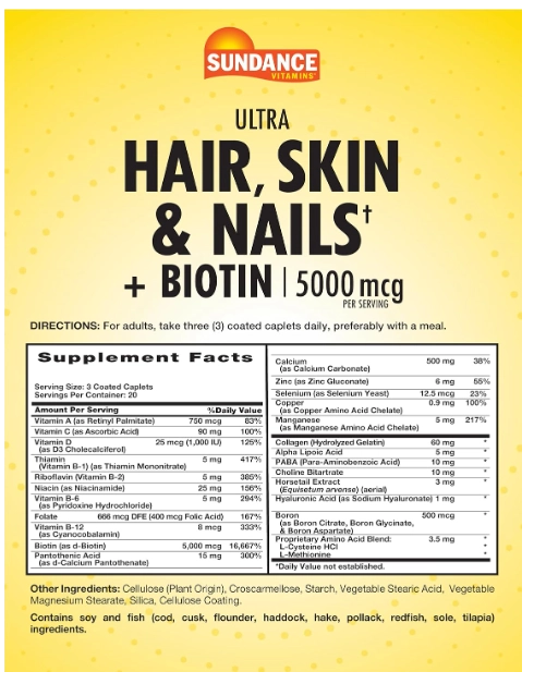 Hair, Skin & Nails, Cabelo, Pele e Unhas, Com Biotina 5000mgc, 60 Tablets, Sundance