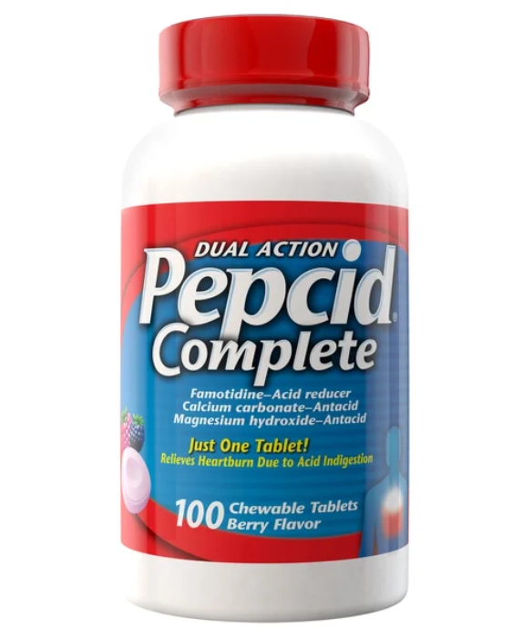 Dual Action Acid Reducer + Antiácido, 100 Comprimidos Sabor Frutas Vermelhas, Pepcid