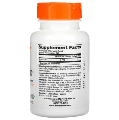 Melatonina 5mg, 120 Comprimidos Mastigáveis, Sabor Menta, Doctor's Best
