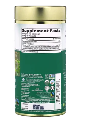 Chá, Tulsi Loose Leaf Tea, Manjericão Sagrado, Original, Sem Cafeína, 100g, Organic India