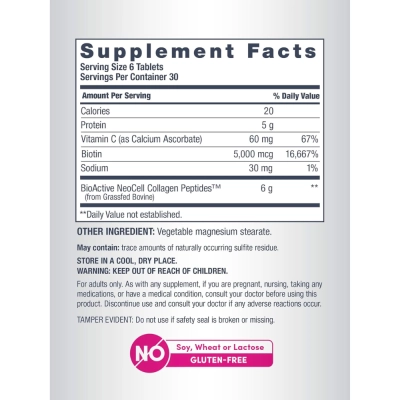 Grass-Fed Collagen Peptides, com Vitamina C e Biotina, 6000mg, 180 Comprimidos, Neocell