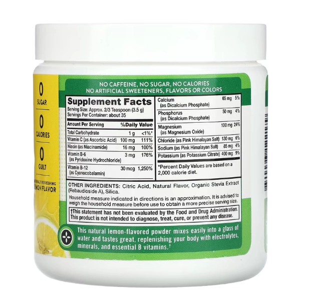 Electrolyte Hydration, Hidratação de Eletrólitos + Vitaminas B, Mistura em Pó Sabor Limonada, 121g, Nature's Truth