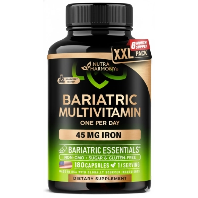 Bariatric Multivitamin, Multivitamínico Bariátrico 21 Vitaminas Essenciais com ferro 45mg, 180 Cápsulas, Nutraharmony