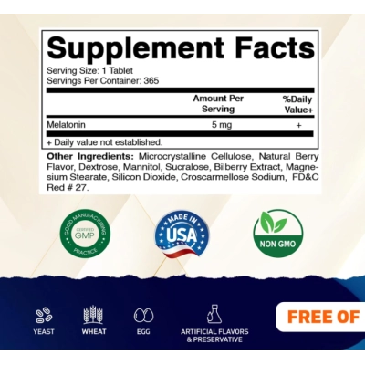 Melatonina 5mg, 365 Comprimidos Sabor Frutas Vermelhas, Vitamatic