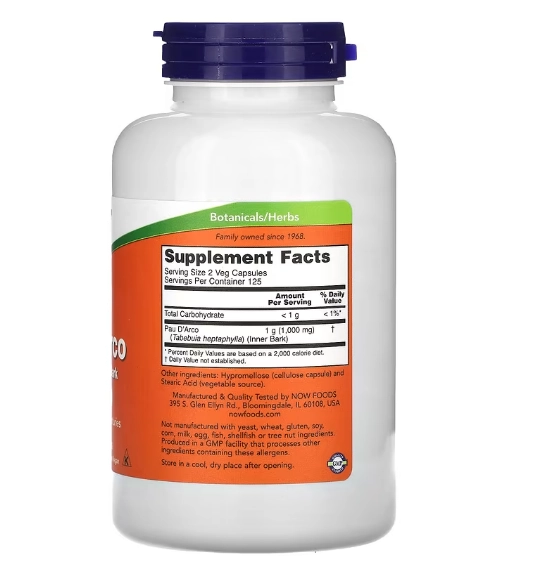 Pau D' Arco, 500mg, 250 Cápsulas, Now