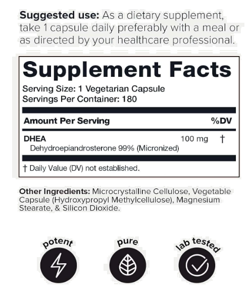 DHEA 100mg, Ultra High Strength, 180 Cápsulas, Toniiq