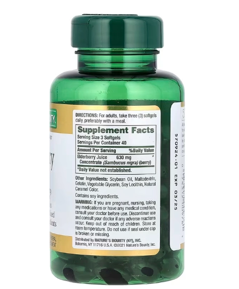Elderberry, Sabugueiro Sambucus 630mg, 120 Cápsulas, Nature's Bounty