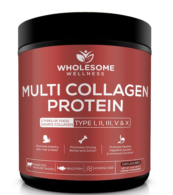 Multicolágeno Hidrolisado Tipo I II III V X, com Peptídeos, 454g Sem Sabor, Wholesome Wellness 