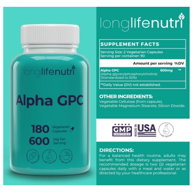 Alpha GPC Choline 600mg, 180 Cápsulas, LongLifeNutri