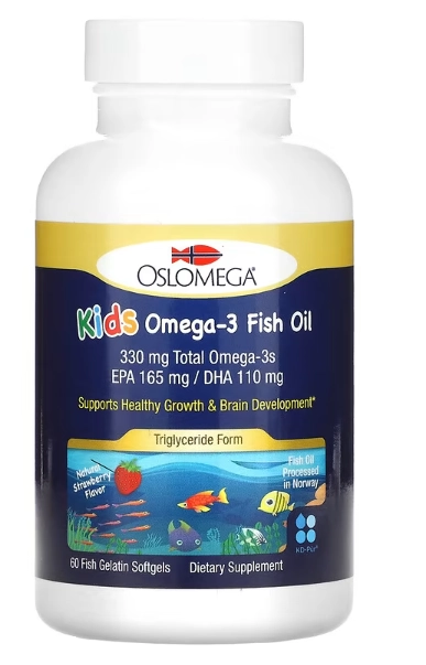 Ômega-3 de Óleo de Peixe para Crianças, Sabor Natural de Morango, 60 Cápsulas, Oslomega