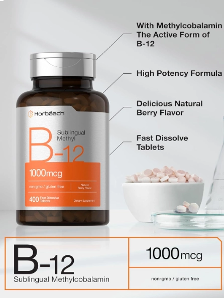 Vitamina B12 Metilcobalamina 1000mcg, 400 Comprimidos Sublinguais, Horbaach 