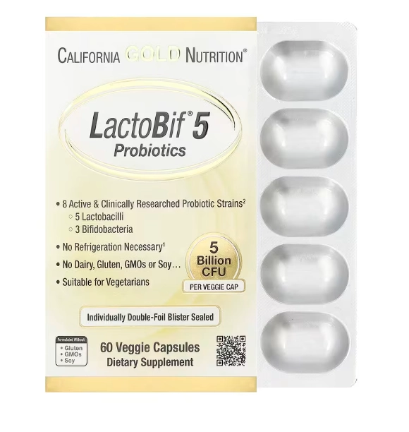 Probióticos LactoBif, 5 Lactobacilos e 3 Bifidobactérias, 5 Bilhões de UFCs, 60 Cápsulas, California Gold Nutrition