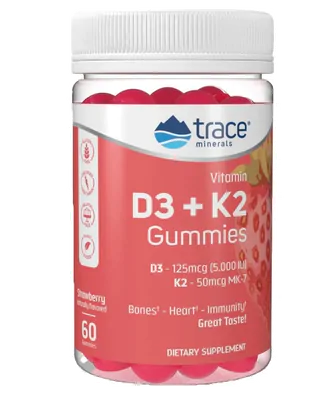 Vitamina D3 5000IU + K-2 MK-7 50mcg, 60 Gummies Sabor Morango, Trace Minerals