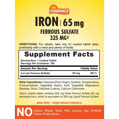 Sulfato de Ferro, 65 mg, 100 Comprimidos, Sundance