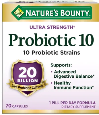 Ultra Strength Probiótico 10, 20 bilhões, 70 Cápsulas, Nature's Bounty