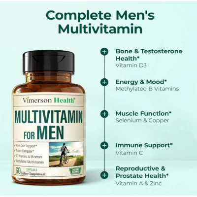 Multivitamin for Men, Multivitamínico para Homens com B12, A, D, C, Zinco, Magnésio e Mais, 60 Cápsulas, Vimerson Health