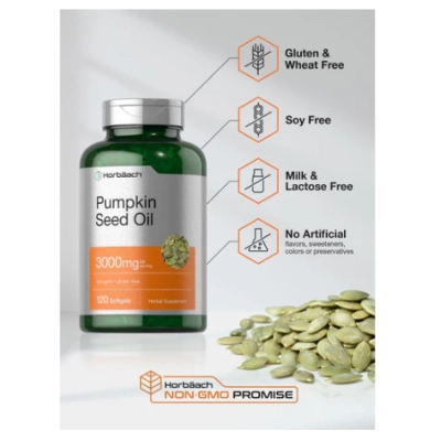 Pumpkin Seed Oil 3000mg, Óleo da Semente de Abóbora, 120 Cápsulas, Horbaach