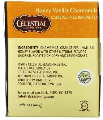 Chá de Ervas Sem Cafeína, Mel Baunilha Camomila, 20 saquinhos, 47g, Celestial Seasonings