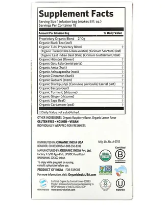 Chá Tulsi, Foco Framboesa e Limão, 18 Sacos de Infusão, 36, Organic India