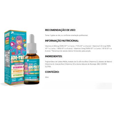 Kit 3 Unidades, ADE-TRIX (Vitaminas A, D e E) Sabor Morango, 30ml - Flora Nativa do Brasil