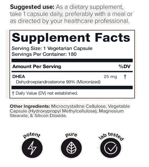 DHEA 25mg, Ultra High Strength, 180 Cápsulas, Toniiq