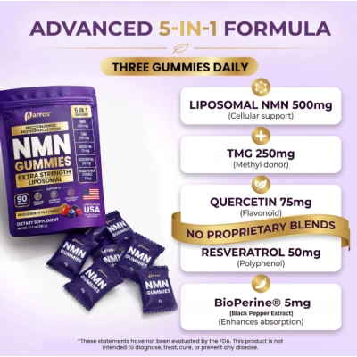 NMN Lipossomal 500mg,  5 em 1 com TMG , Quercetina e Resveratrol, 90 Gomas, Parrox