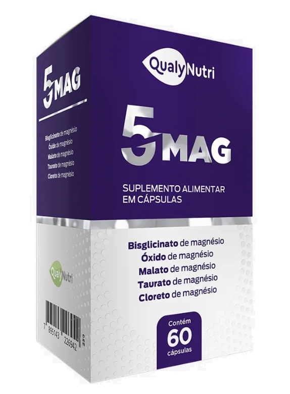 5 Mag, Magnésio, óxido, Malato, Bisglicinato, Taurato  e Cloreto de magnésio, 60 cápsulas, Qualynutri