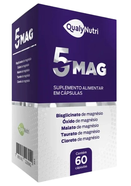 5 Mag, Magnésio, óxido, Malato, Bisglicinato, Taurato  e Cloreto de magnésio, 60 cápsulas, Qualynutri