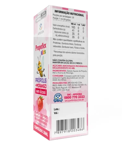 Propoflex Kids, Extrato de Própolis Verde Sem Álcool Sabor Morango, 30ml, Apisvida